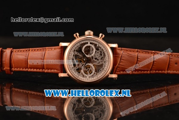 Patek Philippe Complications Chronograph 7750 Auto Rose Gold Case with Skeleton Dial and Brown Leather Strap - Click Image to Close
